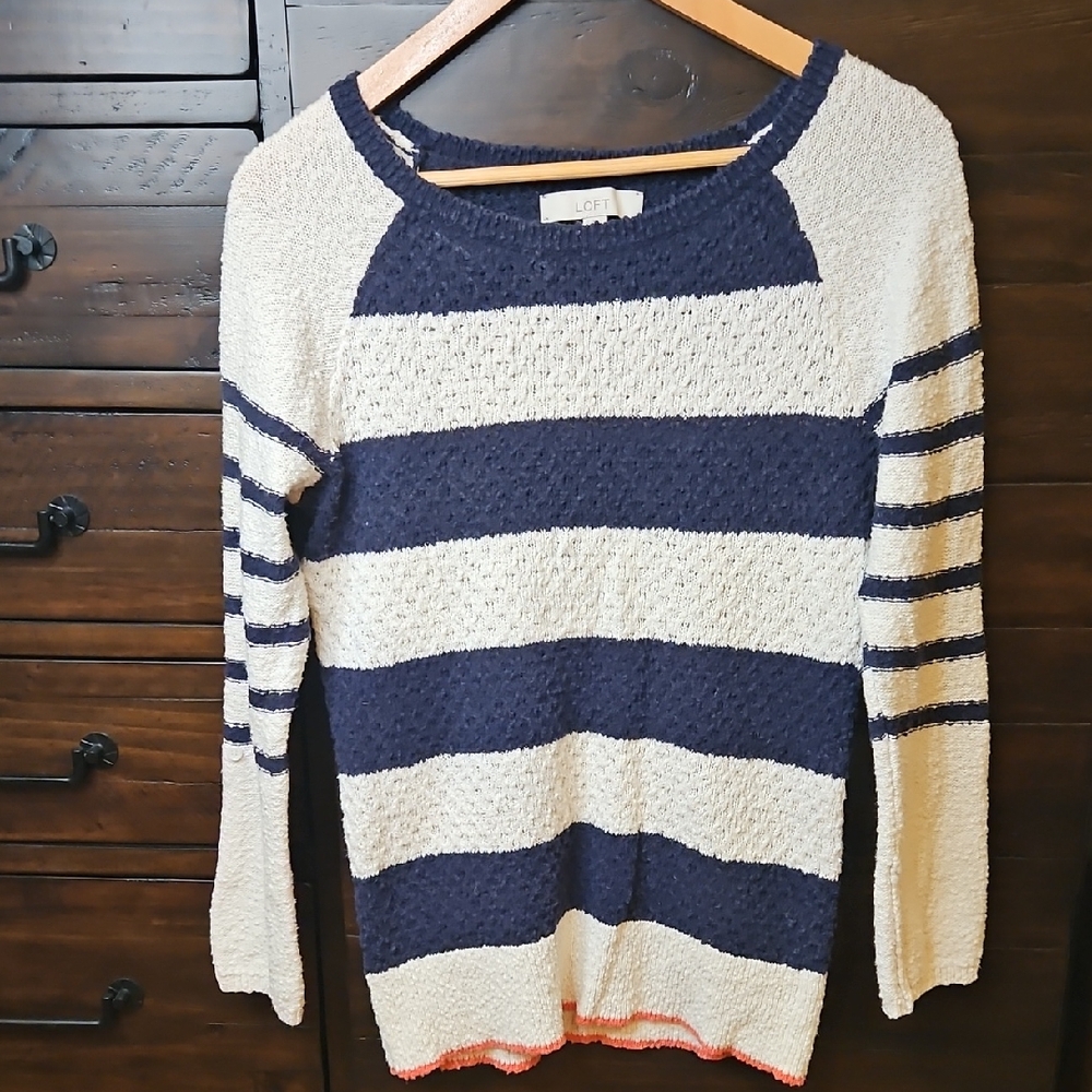 LOFT Navy and Cream Striped Scoopneck Sweater with Coral Hem Accent